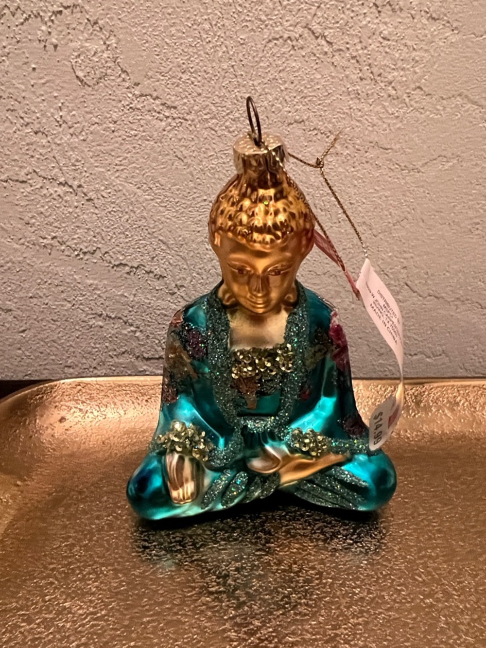 #1864**Ashland Teal and Gold Seated Buddha Ornament